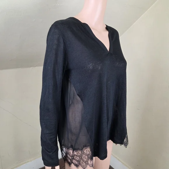Sandro Paris Black Sheer Lace Hem Blouse Size 1 US S Linen Blend Long Sleeve - Picture 6 of 15